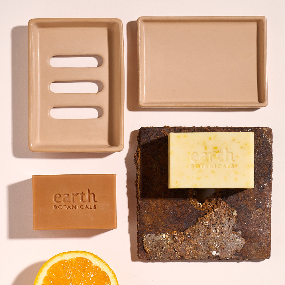 Old Terracotta Jesmonite soap dish with Aurora and Marigold natural soap bars — Fire Collection Earth Botanicals Brighton