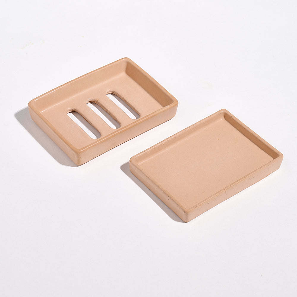 Old Terracotta Jesmonite soap dish with tray on a white background.