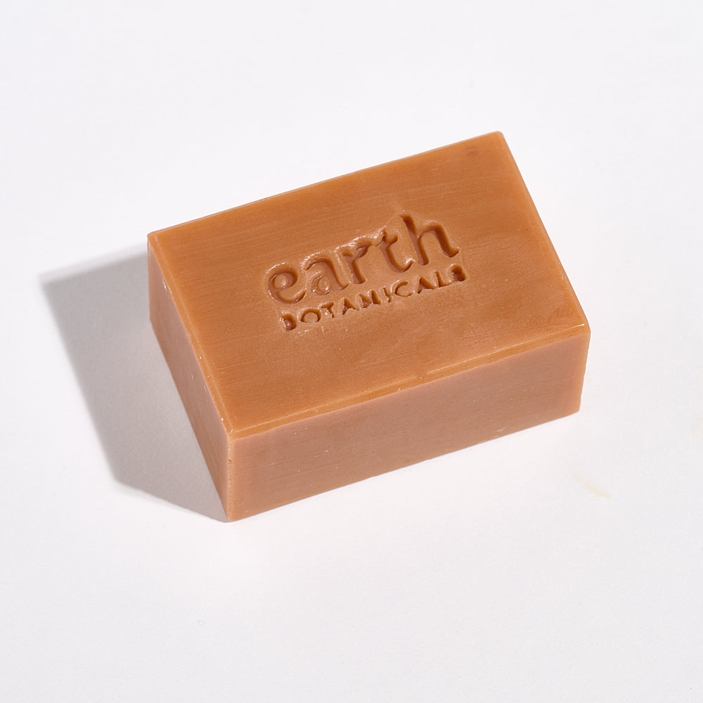 Bar of soap with 'earth botanicals' branding on a white background