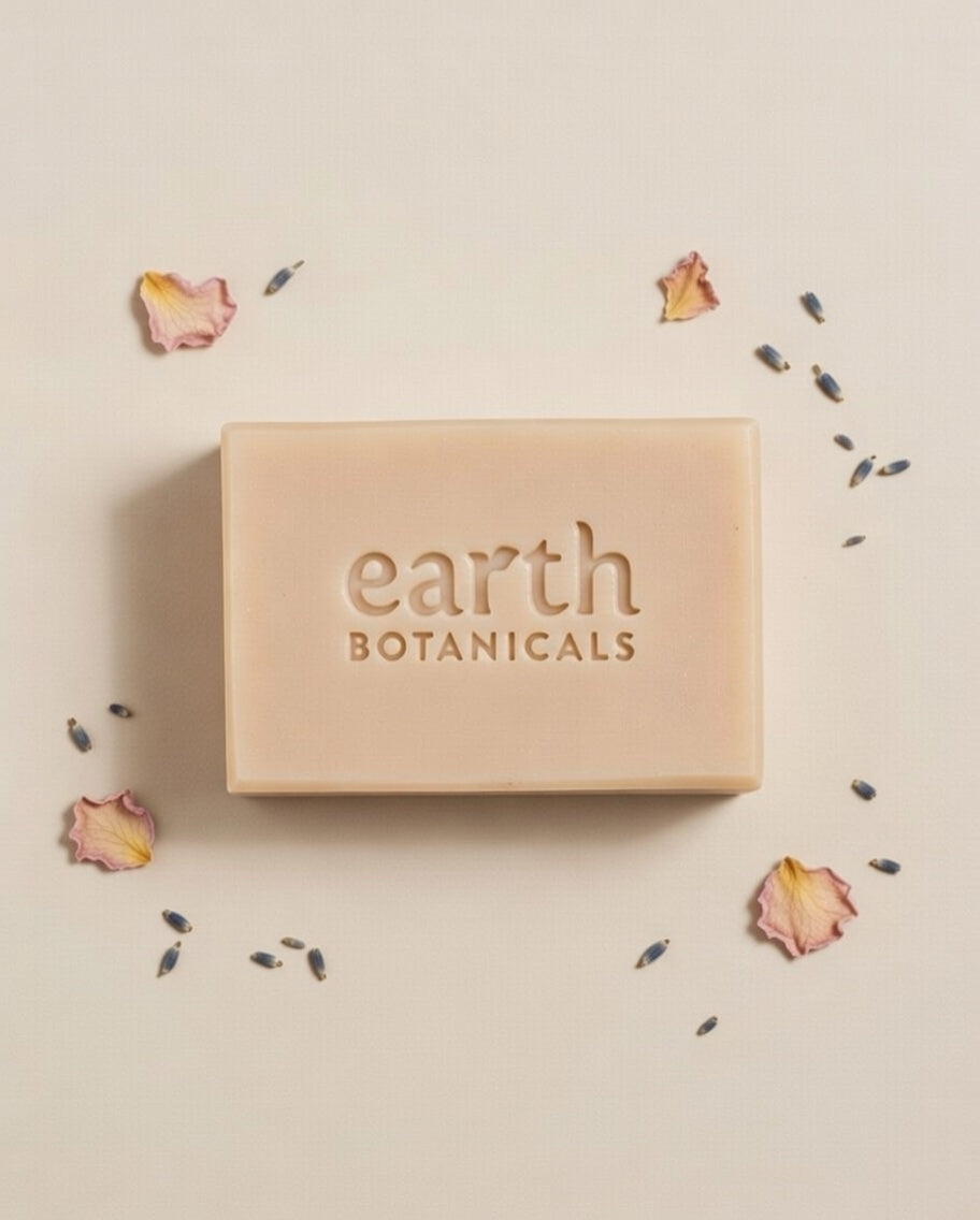 Liora lavender rose geranium and ylang ylang natural soap bar with delicate rose petals and lavender buds handmade in Brighton