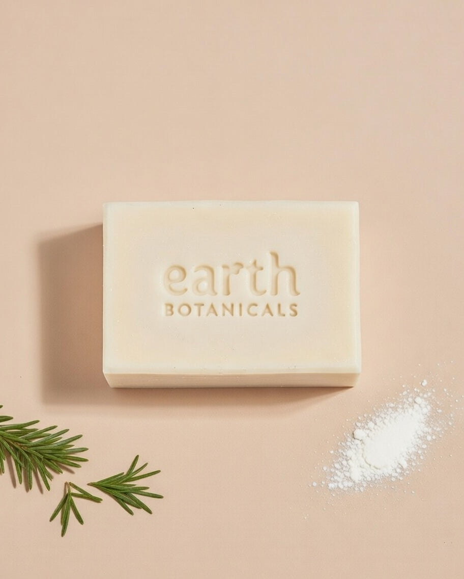 Solstice bergamot ho wood and fir needle natural soap bar with rosemary sprigs and white kaolin clay handmade in Brighton