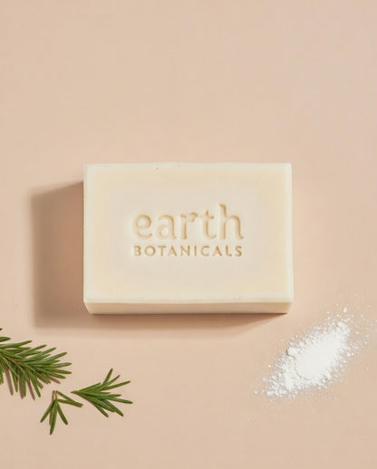 Solstice bergamot ho wood and fir needle natural soap bar with rosemary sprigs and white kaolin clay handmade in Brighton