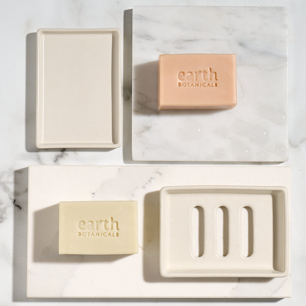 Portland Stone Jesmonite soap dish with Liora and Azura natural soap bars — Water Collection Earth Botanicals Brighton