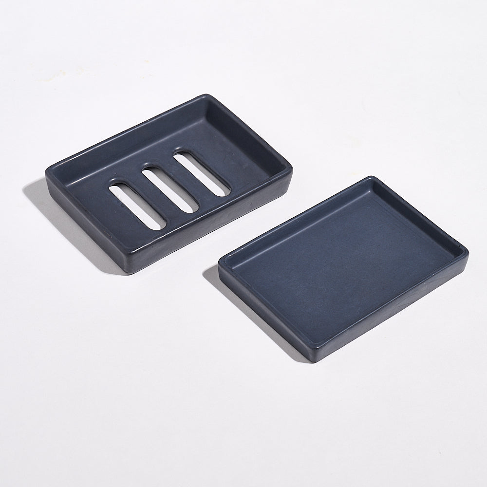 Charcoal Black Jesmonite soap dish with tray flat lay — handmade eco friendly soap dish Brighton