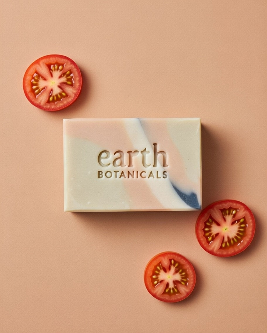 Hinterland frankincense cedarwood and patchouli natural soap bar surrounded by sliced tomatoes and upcycled tomato seed oil handmade in Brighton